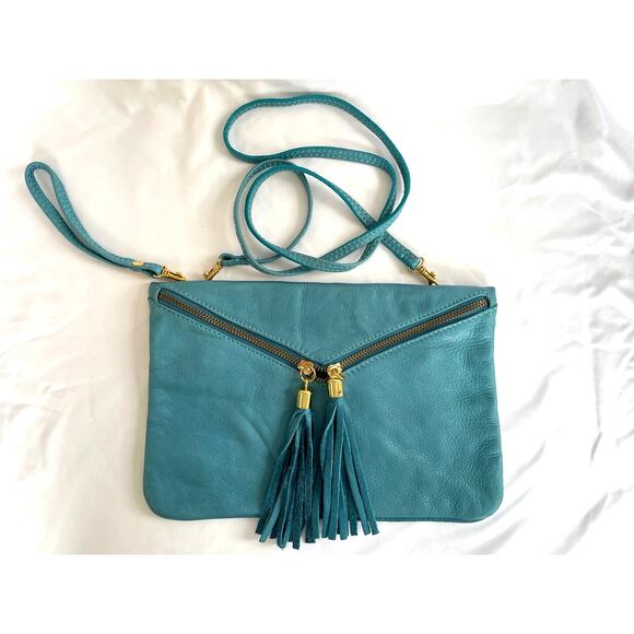 Italian Leather Aqua Blue Clutch Crossbody Tassels - Picture 1 of 5